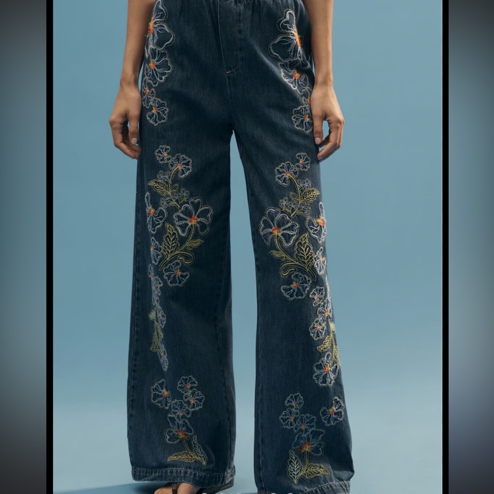 DRIFTWOOD  Blue Floral Embroidered Wide Leg Jeans
